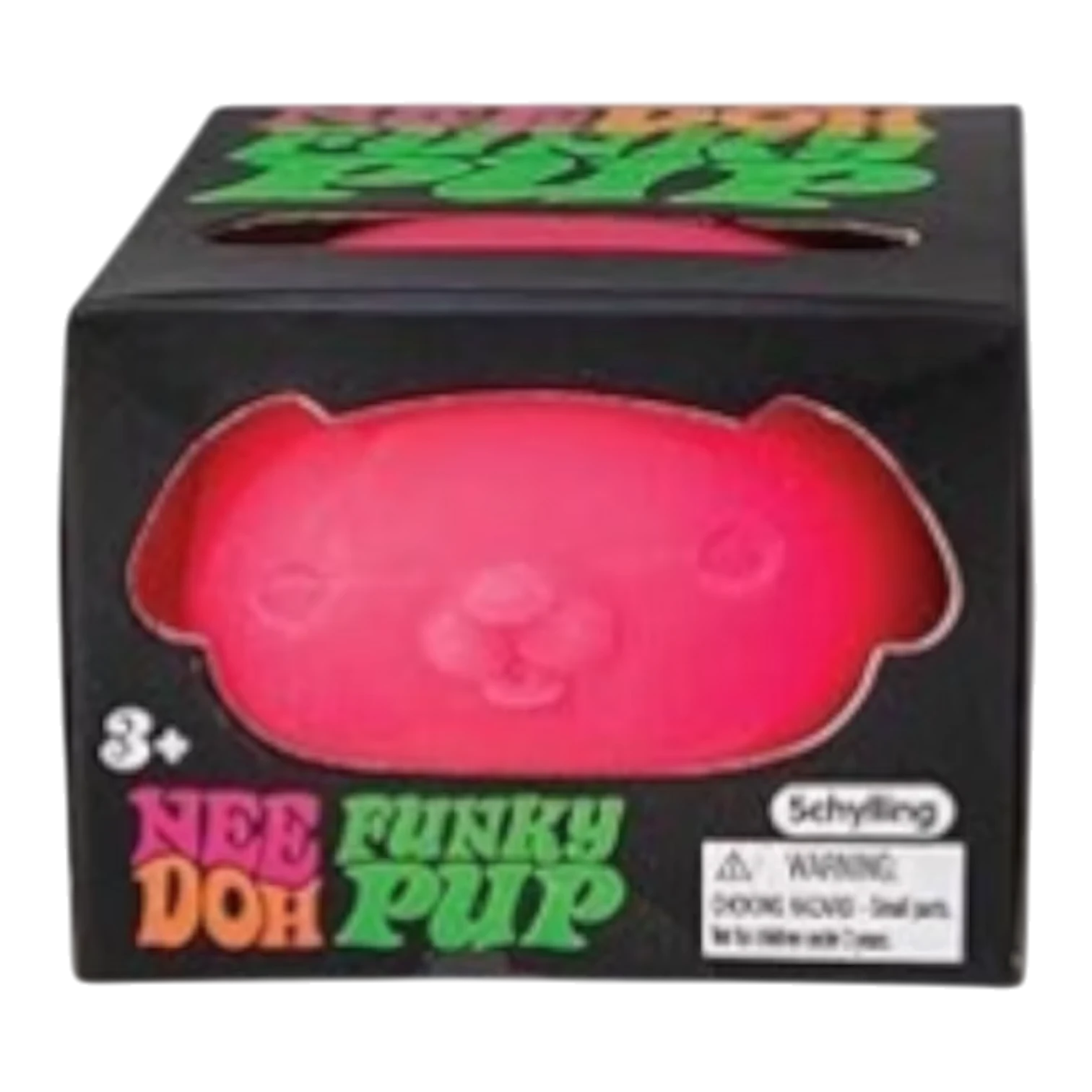Squish Planet NeeDoh Funky Pup squishy fidget toy in bright pink, shaped like a puppy face. Made from soft, non-toxic compound.